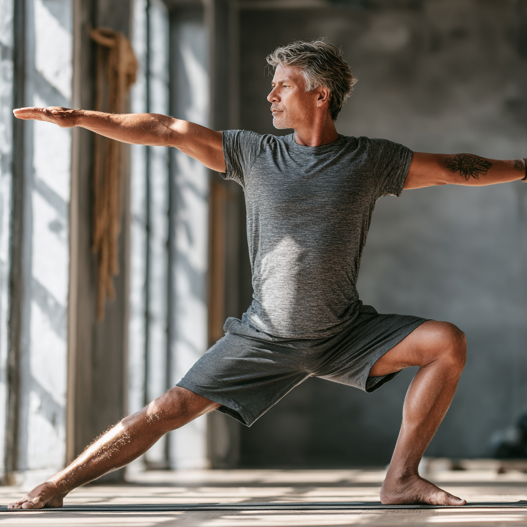 Mature man in his early fifties practicing warrior pose in a bright yoga studio, wearing casual athletic wear, demonstrating proper form with focused concentration, natural lighting streaming through windows, showing strength and balance achieved through dedicated practice